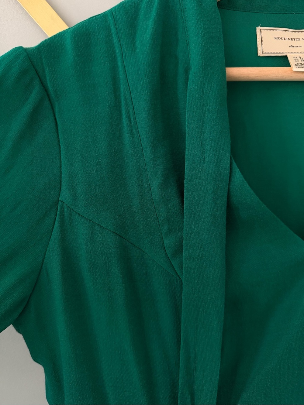 Moulinette Soeurs Anthropologie Green Tie Neck Dress Crystal Button Cuff Sz 6